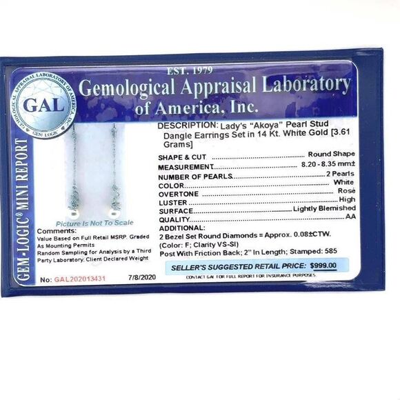 Akoya Pearl Earrings 14 KT Gold Certified $999 013431 - Picture 11 of 11